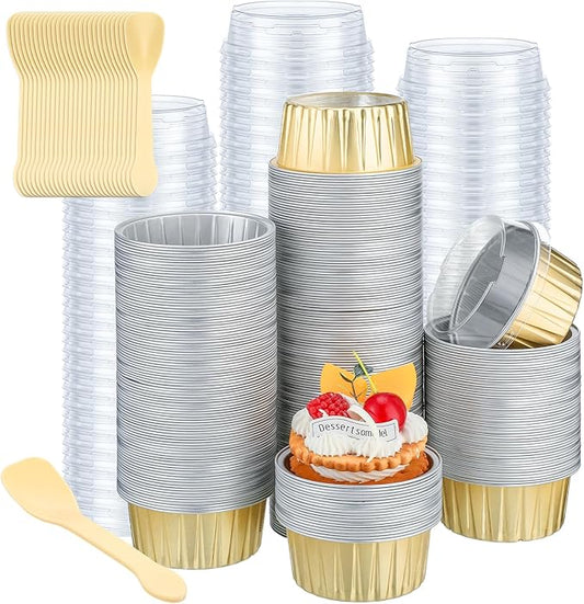 Hushee 600 Pcs Aluminum Foil Baking Cups with Lids and Spoons 5oz Disposable Ramekins Dessert Muffin Creme Brulee Cupcake Liners Containers for Wedding Birthday Christmas Party(Round,Gold)