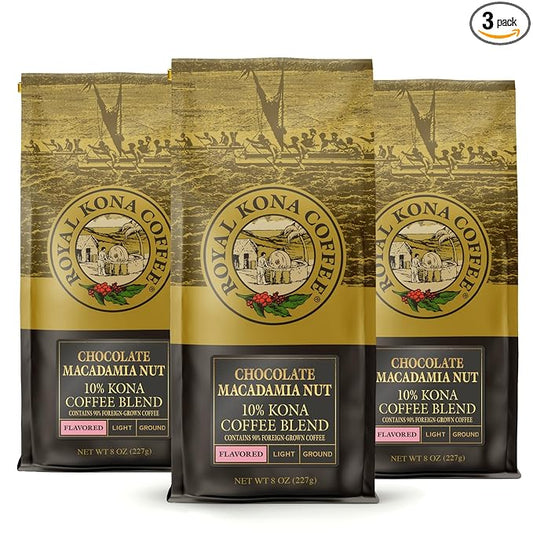 Royal Kona 10% Kona Coffee Blend, Chocolate Macadamia Flavor - Ground, 8 Ounce Bag (Pack of Three)