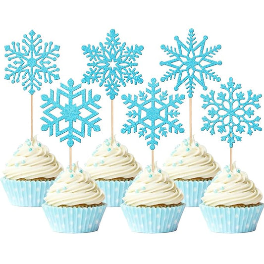 36 PCS Snowflake Cupcake Toppers Glitter Winter Frozen Theme Snowflake Cupcake Picks Winter Wonderland Cake Decorations for Baby Shower Kids Birthday Christmas Party Supplies Blue