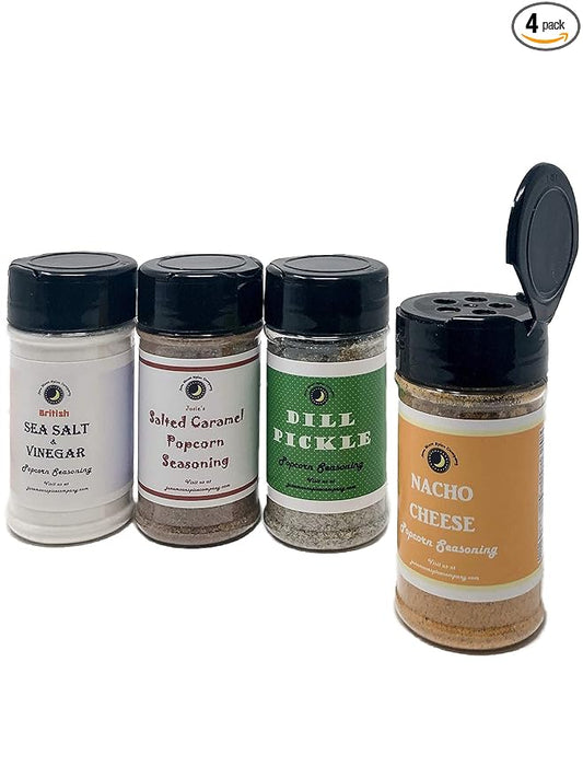 Popcorn Seasoning | Variety 4 Pack | Sea Salt & Vinegar | Dill Pickle | Nacho Cheese | Salted Caramel | Crafted in Small Batches | Premium | Delicious Variety ??4-Pack with Unique and Mouthwatering Flavors!