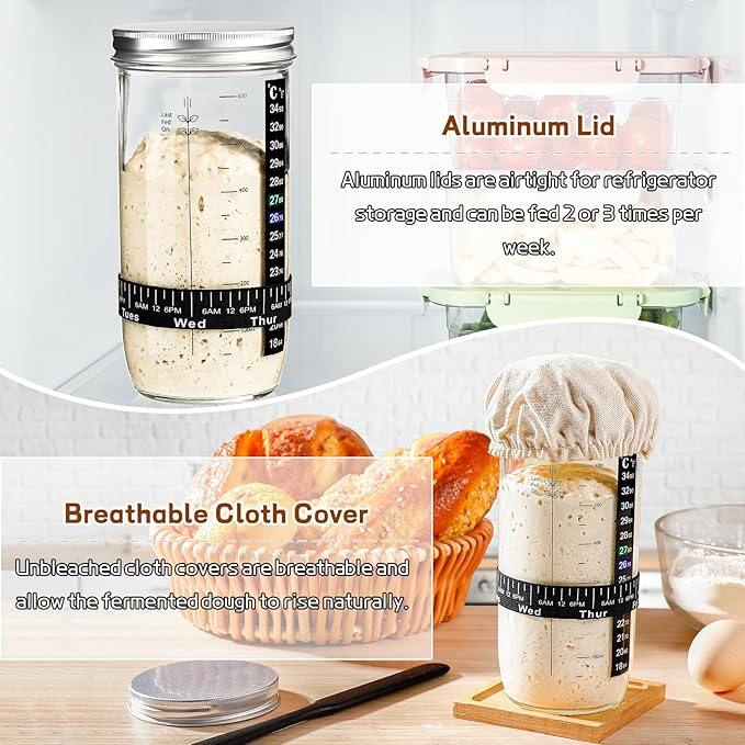 DWTS DANWEITESI Sourdough Starter Jar with Date Marked Feeding Band, Thermometer, Sourdough Fermentation Jar Scraper, Sewn Cloth Cover & Aluminum Lid, Sourdough Starter Kit Reusable(2pcs/24oz)