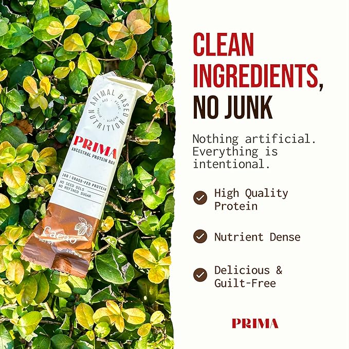 PRIMA ANCESTRAL PROTEIN BAR Grass Fed Protein Bars, 7 Pack ??Animal-Based Protein Bar with Beef Tallow, Raw Honey, Seed Oil Free, Low Carb, Gluten-Free ??Healthy, Energy Snacks for Clean Lifestyle (7 Pack, Cacao)