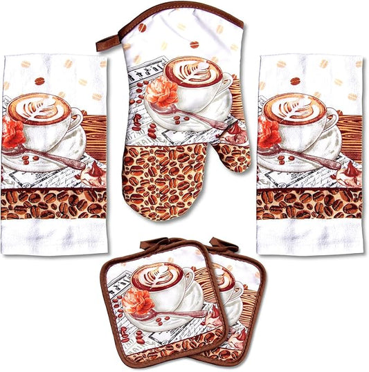 Lobyn Value Packs: 5-Piece Caf챕 Latte Kitchen Towel Set ??Quilted Oven Mitt & 2 Potholders, Perfect for Coffee Lovers