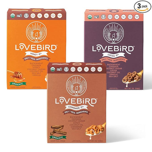 Lovebird Organic Gluten Free Cereal, Variety Pack 2 ??Prebiotic Fiber, Gut Health, Low Sugar, Grain Free, Breakfast or Snack ??Healthy Cereal Made With Real Food, 3 Pack, Kids & Adults