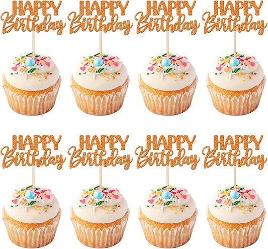 30 PCS Happy Birthday Cupcake Toppers Glitter Happy Birthday Cupcake Picks for Celebrating Birthday Anniversary Theme Party Cake Decorations Supplies Orange