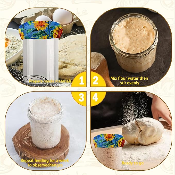 Sunflower Field Sourdough Starter Jar Cloth Covers, Gifts for Women Baker 5 Pack Kit Stretchy Cloth Bowl Lids Fits Jar Mouth Ranging 3"- 4" Inches