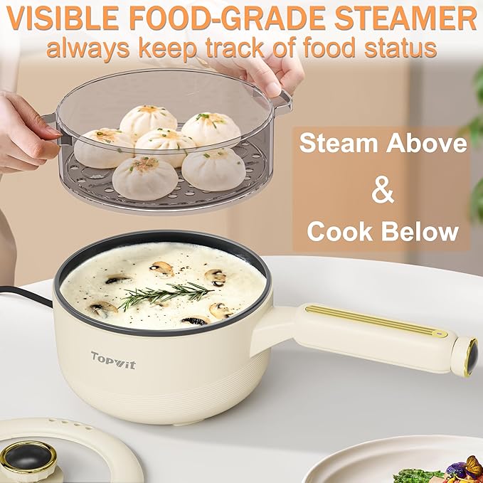 TOPWIT Hot Pot Electric with Steamer, 2L Multifunctional Electric Pot, Non-Stick Saut챕 Pan, Portable Pot for Steak, Fried Rice, Ramen, Soup with Dual Power Control (Silicone Spatula Included), Beige