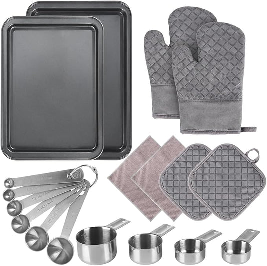 18 Pcs Baking Sheet Pan Sets,Non-Stick Carbon Steel Bakeware Sets,Stainless Steel Measuring Cups and Spoons,Oven Mitts and Pot Holders,Stackable Baking Sheets for Baking,Kitchen Gadgets