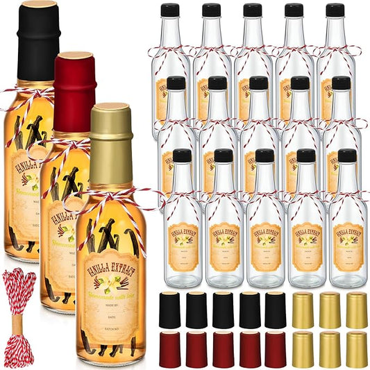 Tioncy 16 Pcs Vanilla Extract Bottles for Homemade Vanilla Jar Glass Bottle with Cap, Shrink Band, Sticker Syrup Gift Food Storage Canister for Bean Sauce Spice (Black, Red, Gold,5 oz)