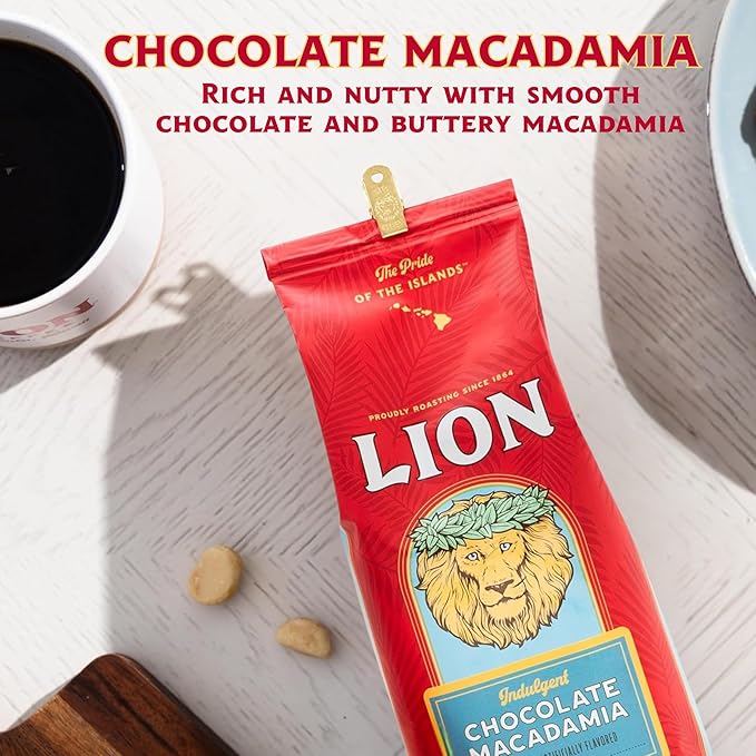 Lion Coffee Chocolate Macadamia Flavored Whole Bean Coffee, Light Roast, Hawaiian Inspired Taste - 24 Ounce Bag