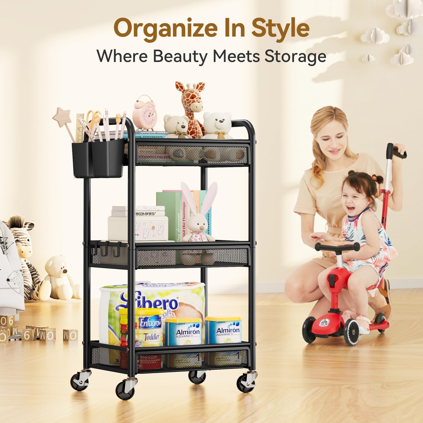 YASONIC 3 Tier Metal Rolling Cart, Black Utility Storage Cart with Wheels