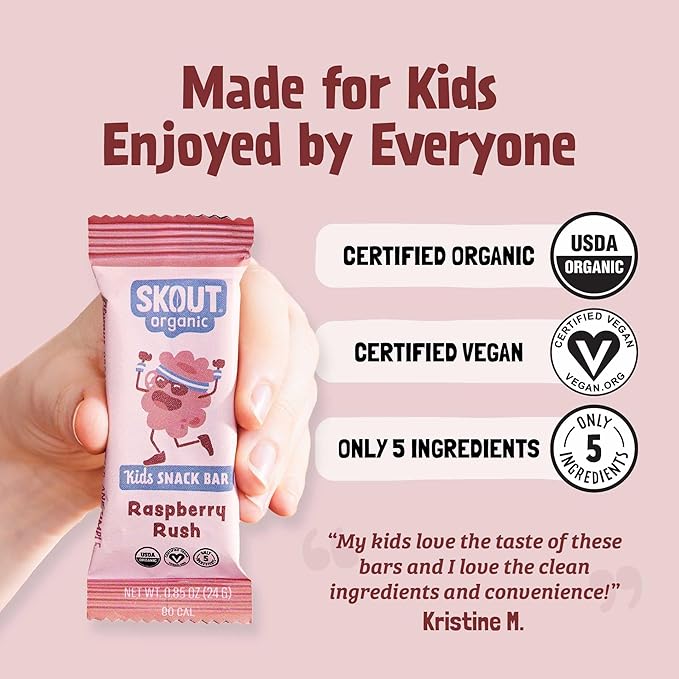 Skout Organic Raspberry Rush Kids Snack Bars (18 Pack) | Organic Kids Snack Bars | Plant-Based Nutrition, No Refined Sugar | Vegan | Gluten, Dairy, Grain, Peanut, Tree Nut & Soy Free