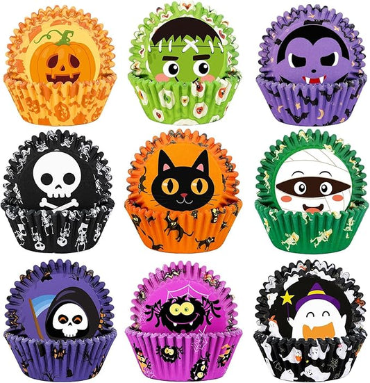 SANNIX 450pcs Halloween Cupcake Liners, Ghost Pumpkin Spider Baking Cups Cupcake Wrappers Paper Wraps Muffin Liners for Halloween Party Candy Cupcake Decorations Supplies(9 Designs)