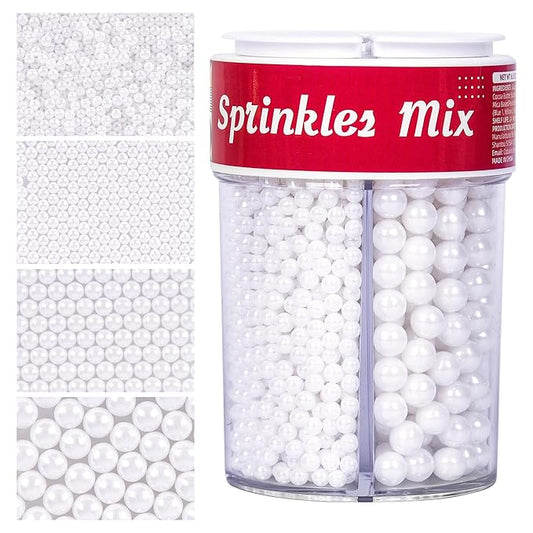 Edible White Pearl Sugar Sprinkles for Cake Decorating 2mm Mini Candy Pearls 4 Sizes Sprinkles Mix for Cookie Ice Cream Candy Chocolate Baking Cupcake Topping 6.5 oz