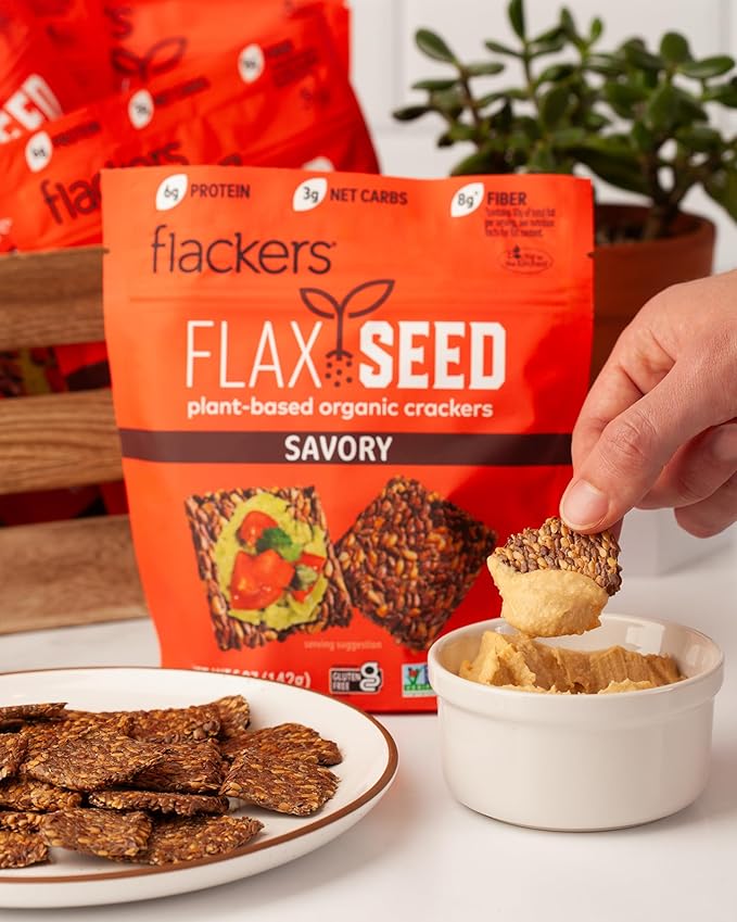 Flackers Organic Savory Flaxseed Crackers, 5 Ounce 6-Pack, Gluten Free, Non GMO, Vegan, Keto Snack, 8g Fiber, 3g Net Carbs