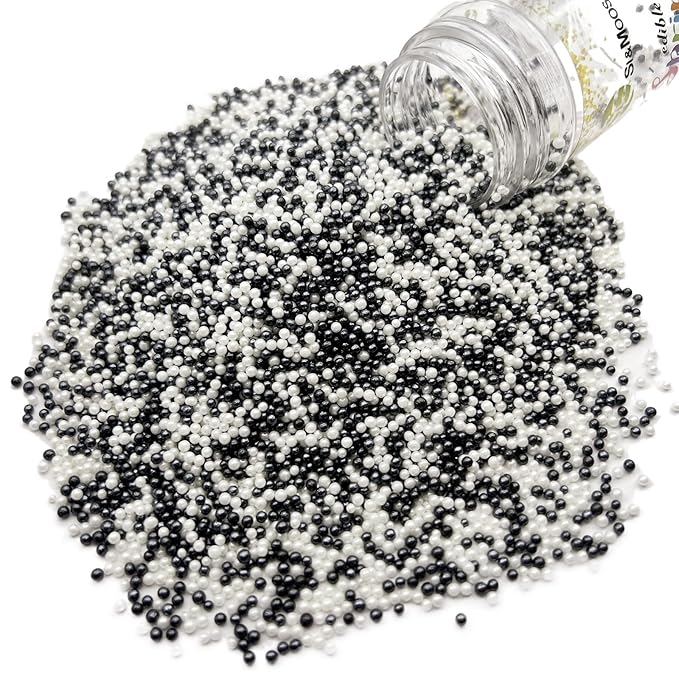 SE Si&Moos Nonpareil Sprinkles, 2mm Black and White Mini Edible Pearls White and Black Sprinkles for Cake Decorating Halloween Cookie Decorations Wedding Shower Party Christmas Holiday Supplies 3.5 OZ