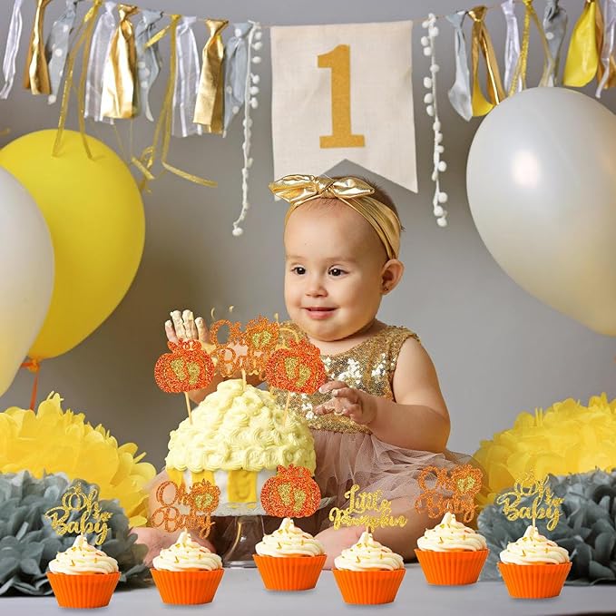 24pcs Pumpkin Cupcake Toppers Glitter Baby Cupcake Picks for Thanksgiving Themed Baby Shower Birthday Cake Decorations Party Supplies