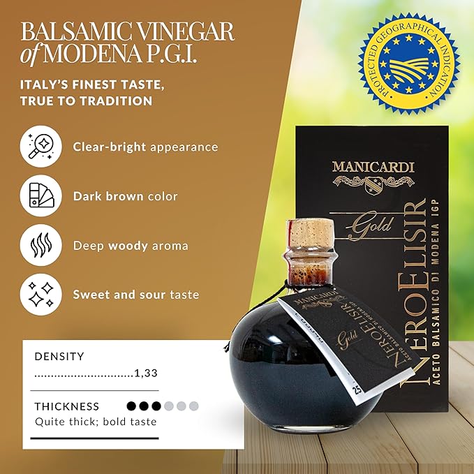 MANICARDI Balsamic Vinegar of Modena PGI - Dense Gold Elisir with Drip-Stop Dispenser Perfect for Snacks, Pasta, Vegetables, Salad Dressings, Meat - Made in Italy, 8.45 Fl Oz (250 ml)