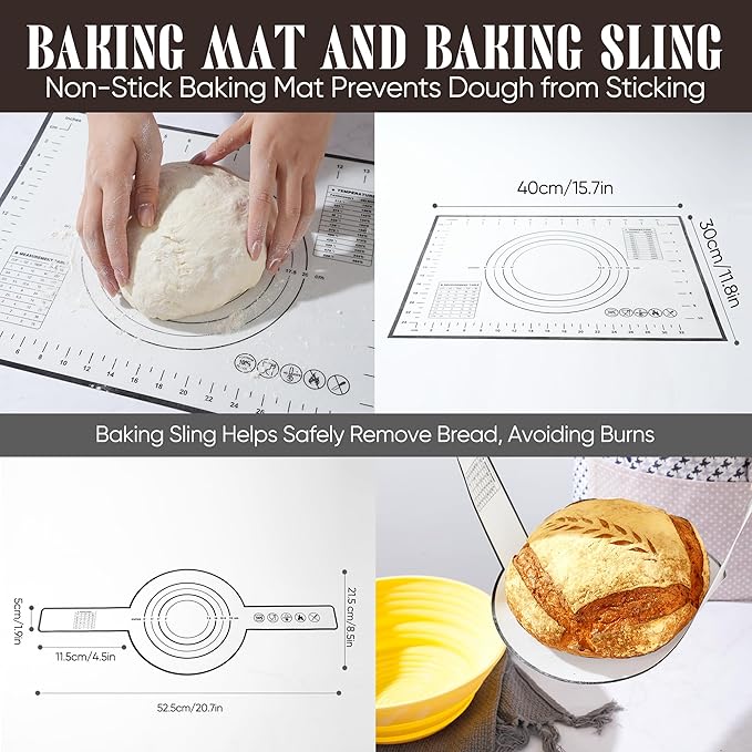 Sourdough Starter Kit with Jar ??Complete Sourdough Bread Baking Supplies for Beginners, Includes 2 Silicone Proofing Baskets Baking Mat Sour Dough Kit - Yellow