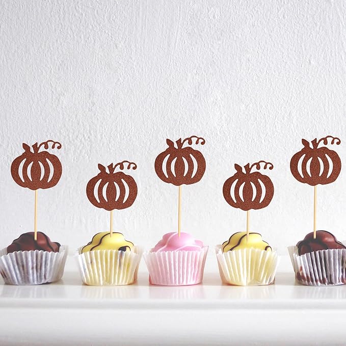 24pcs Pumpkin Cupcake Toppers - Brown Glitter Picks for Fall Theme Thanksgiving Halloween Birthday Baby Shower Party Decoration Supply