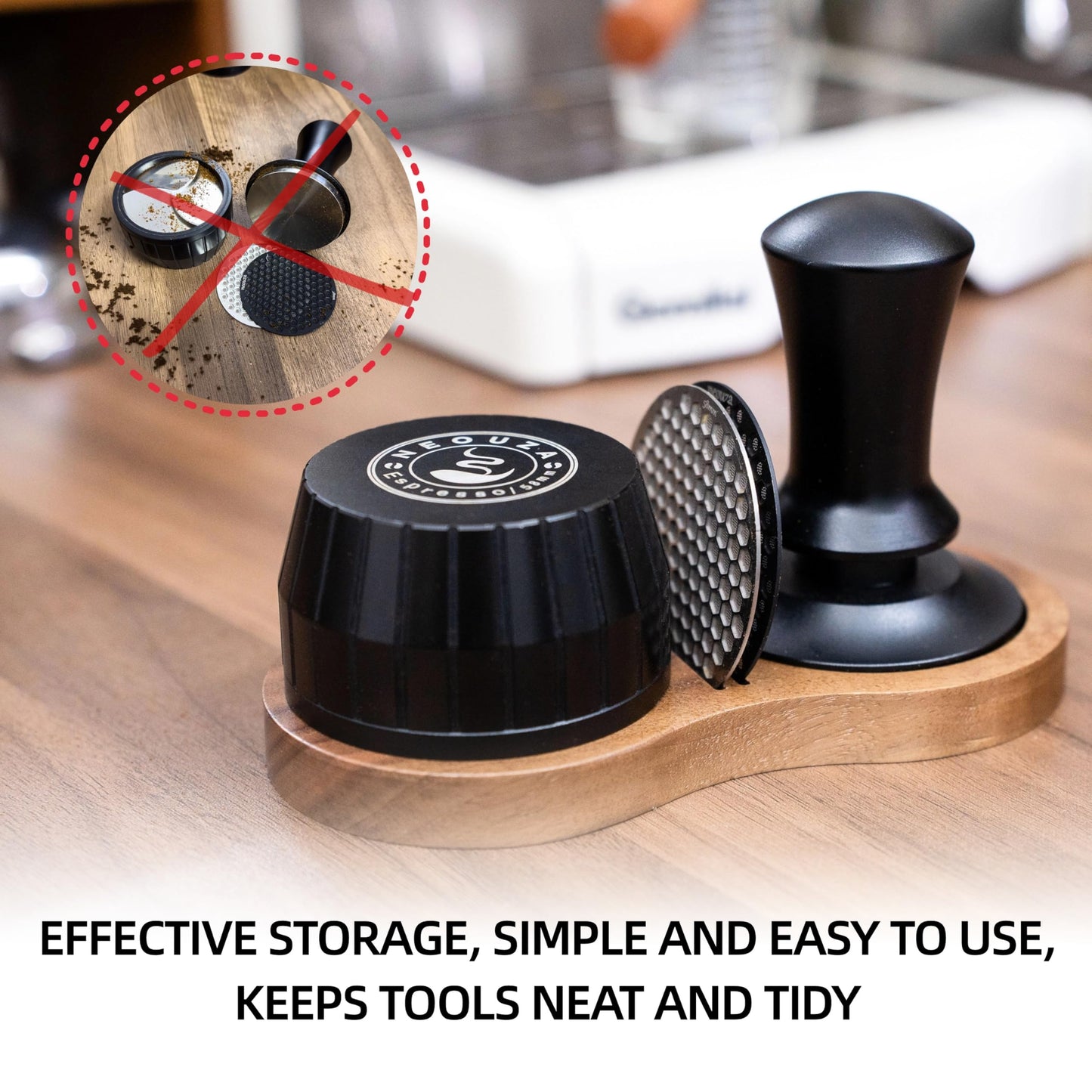 NEOUZA Coffee Tamper Stand Holder for Tamper, Distribution Tool, Puck Screen, Walnut Wood,51mm 53mm