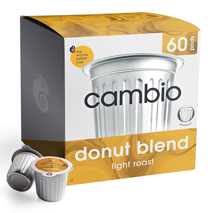 Cambio Roaster Donut Blend Keurig Coffee K Cups, Organic Light Roast Coffee Pods, Only Aluminum K Cup for More Flavor & Longer Lasting Freshness, Caffeinated Lower Acid Kcups for Keurig, 60 count