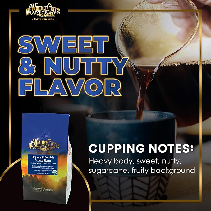 Mt. Whitney Colombia Monte Sierra Organic, Single Origin, Medium Dark Roast, Smooth Full Flavored, Low Acid Coffee (Whole Bean, 5 Lb)