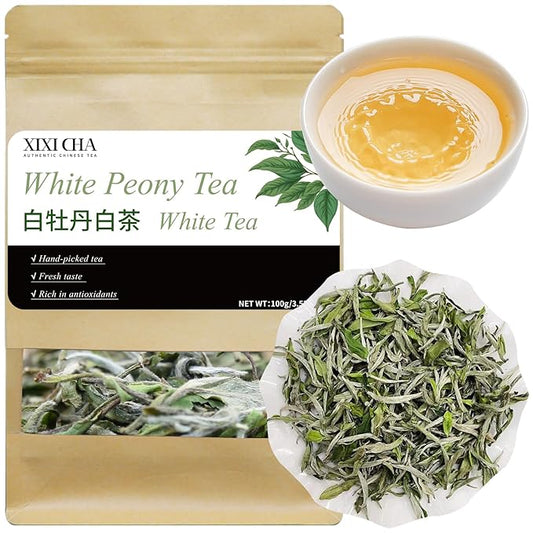 XIXICHA White Peony Tea White Tea Loose Leaf Pai Mu Dan Chinese Tea Peonies Low Caffeine Light & Mild & Smooth Taste 3.52oz/100g 白茶 白牡丹茶