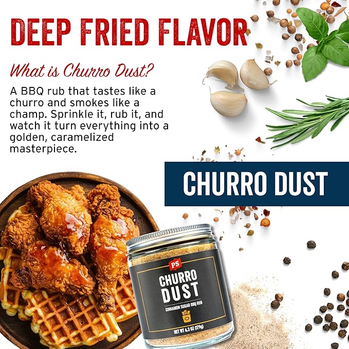 PS Seasoning Churro Dust - Cinnamon Sugar BBQ Seasonings and Rubs for Smoking, Grilling, Baking - Sweet and Smoky Dry Rub, BBQ Rubs and Spices for Grilling Ribs, Pulled Pork, Chops, Wings, 6.3oz