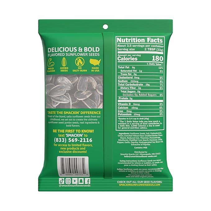SMACKIN' - Jumbo Roasted Sunflower Seeds, No Salty Burn, American Made, Easy Pour & Seal - Sour Cream & Onion, 4oz bag (12 Bags)