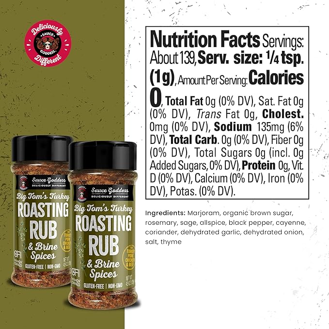 Sauce Goddess Big Tom's Turkey Roasting Rub and Brine Spices Shaker (2-Pack) - Gluten-Free, Seasonings and Spices for Cooking Turkey and Prime Rib Spices and Seasonings