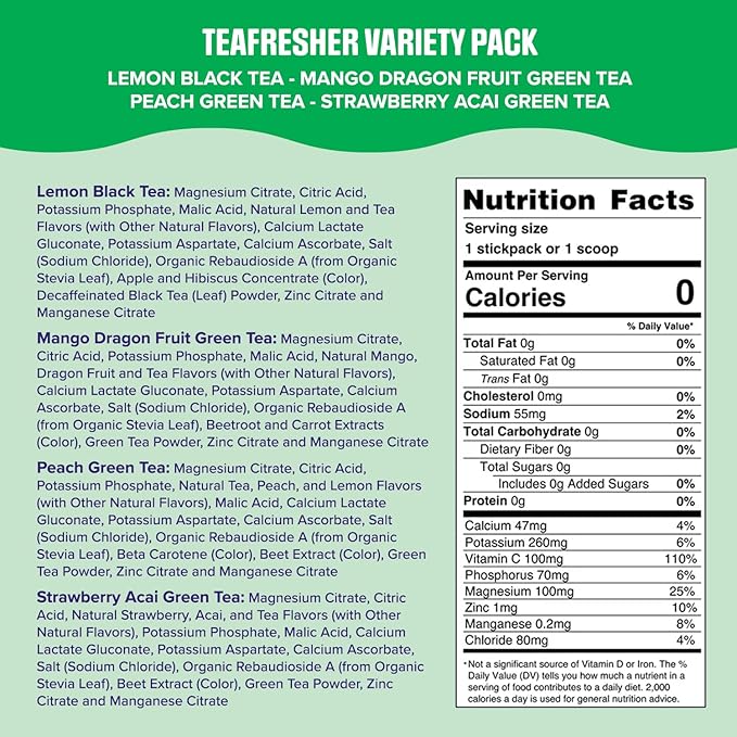 Ultima Replenisher TeaFresher Daily Electrolytes Powder and Instant Tea Mix ??Sugar Free ??Variety Pack, 16 Stickpacks - Hydration Packets with 4 Fruit and Tea Fusions, 6 Key Electrolytes