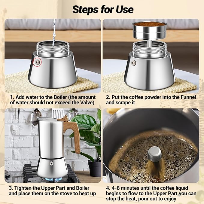 No Coating 4 Cup Moka Pot Thickened 304 Stainless Steel Stovetop Espresso Coffee Maker 200ml 6.8oz Mocha Percolator Greca Cuban Ideal for Making Rich Authentic Italian Caf챕