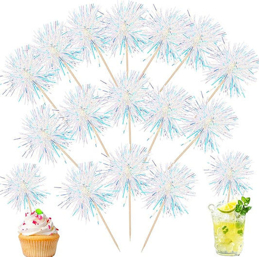 Rsstarxi 30 Pack Foil Firework Cupcake Toppers Birthday Party Decorations Sparkle Tinsel Cocktail Food Fruit Toothpick for Valentine's Day Wedding Birthday Party Decorations Silver