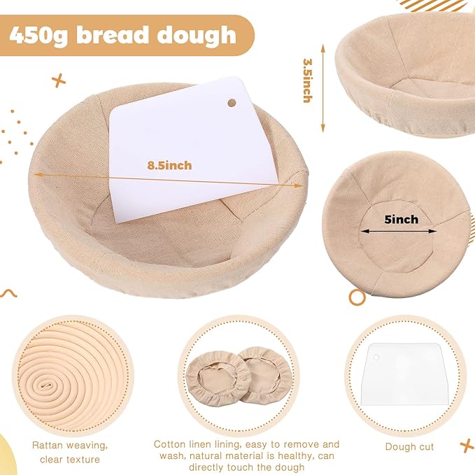 Nuogo Set of 5 Banneton Bread Proofing Basket 8.5 inch Round Sourdough Proofing Basket Bowl with Liners and Scatters for Home Making Bread Bakers Baking