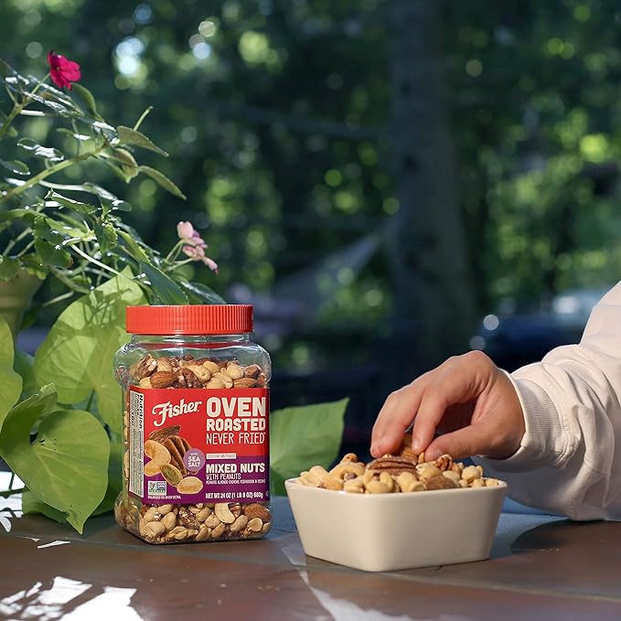 Fisher Oven Roasted Never Fried Mixed Nuts with Peanuts, 24 Ounces (Pack of 2), Peanuts, Almonds, Cashews, Pistachios, Pecans, Snacks for Adults, Made With Sea Salt, No Added Oils, Artificial Ingredients or Preservatives, Trail Mix, Gluten Free