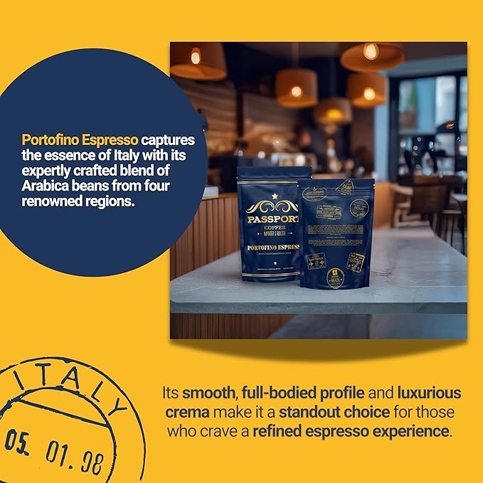 Passport Coffee Portofino Espresso ??Medium-Light roast blend from Ethiopia, Costa Rica, Guatemala & Brazil. Flavor notes of caramel & brown sugar. Premium whole bean coffee,12oz Bag