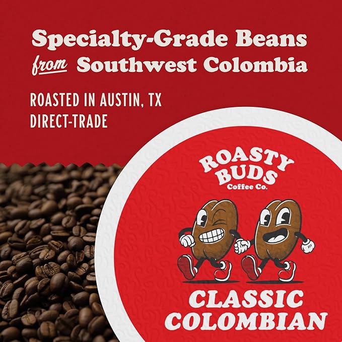 Roasty Buds Coffee Classic Colombian Pods 18 Count | Single-Serve 11g Per Pod | Recyclable, Gluten-Free, Non-GMO, No Sugar/Dairy/Soy/Egg (18 Count, Classic Colombian)
