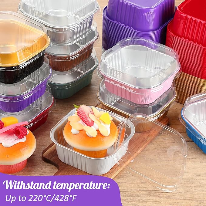 Aoriher 300 Pieces 10 oz Mini Cake Pans with Lids, Aluminum Foil Baking Cups, Square Disposable Cupcake Cups Baking Tins for Wedding Birthday Party Supplies(Colorful)
