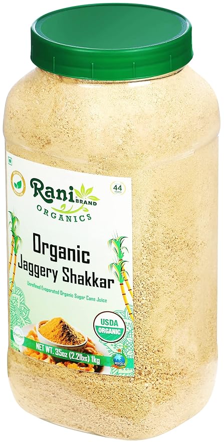 Rani Organic Jaggery Shakkar (Unrefined Evaporated Organic Sugar Cane Juice) 35oz (1kg) PET Jar ~ Gluten Friendly | Vegan | NON-GMO | No Salt or fillers | Indian Product | USDA Certified Organic