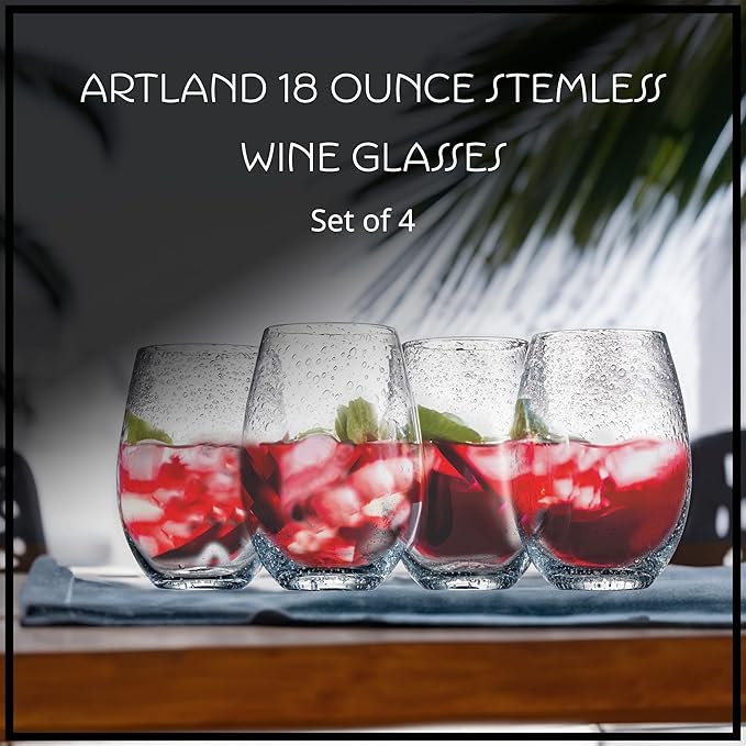 Artland Stemless Wine Glass, Set of 4 | Iris Seeded Design, Clear | Drinking Glass for Parties and Everyday Use - Wine, Champagne, Cocktail | Glassware & Barware Essentials