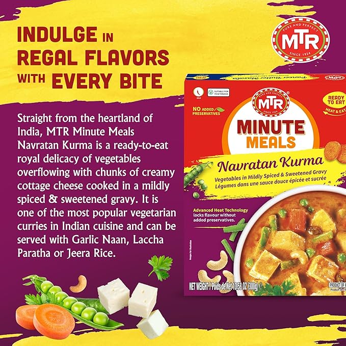 MTR - Minute Meals: Navratan Kurma - Vegetables in Mildly Spiced & Sweetened Gravy - Tasty Indian Meal with No Added Preservatives - Suitable for Vegetarians, Ready in Minutes! (Pack of 6)
