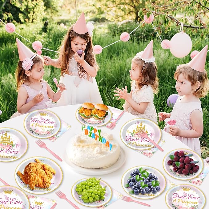 96Pcs Four Ever a Princess Plates and Napkins Girl 4th Birthday Party Decorations Royal Pastel Castle Dessert Disposable Plates Pink & Gold Tableware Set for 24 Guests Floral Fairytale Party Supplies