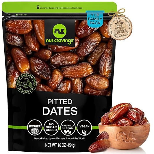 NUT CRAVINGS - Sun Dried Deglet Noor Dates Pitted, No Sugar Added, Unsulphured (16oz, 1 LB) Bulk Dry Fruits Packed Fresh in Resealable Bag - Sweet Healthy Snack, Naturally Grown, Vegan, Kosher