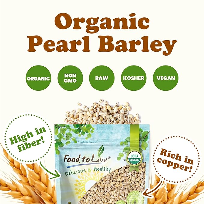 Food to Live Organic Pearl Barley, 1 Pound ??Non-GMO, Polished Unhulled Barley, Kosher, Vegan, Bulk. Cooks Faster than Hulled Barley. Rich in Fiber, Selenium. Great for Hot Cereal, Salads, Stews
