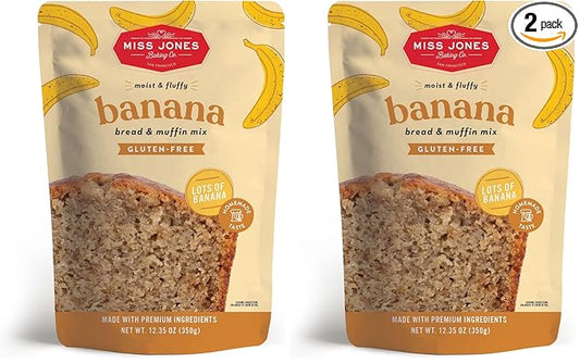 Miss Jones Baking Banana Bread & Muffin Mix - Whole Grains, 50% Lower Sugar, Real Banana, Naturally Sweetened Desserts & Treats (Pack of 2)