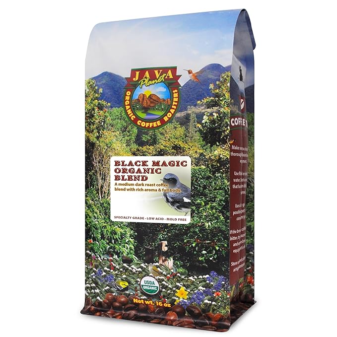 Low Acid Organic Coffee ??Whole Bean, Mold-Free & Stomach Friendly by Java Planet, Black Magic Blend Coffee, Medium Dark Roast, Smooth Full Flavored, 1LB Bag