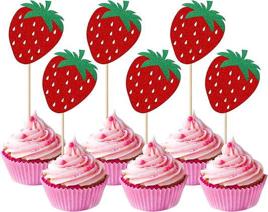 24 Pack Strawberry Cupcake Toppers Glitter Birthday Strawberry Cupcake Picks for Fruit Baby Shower Kids Birthday Summer Berry Cupcake Decorations Party Supplies Red