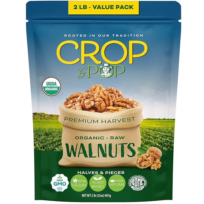 CROP BY POP - Organic Raw Walnuts Halves & Pieces (32 Oz - 2 LB) Packed Fresh in Resealable Bag - USDA Organic, Non GMO - Naturally Grown, Vegan, Kosher
