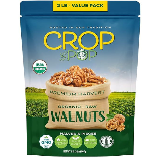 CROP BY POP - Organic Raw Walnuts Halves & Pieces (32 Oz - 2 LB) Packed Fresh in Resealable Bag - USDA Organic, Non GMO - Naturally Grown, Vegan, Kosher